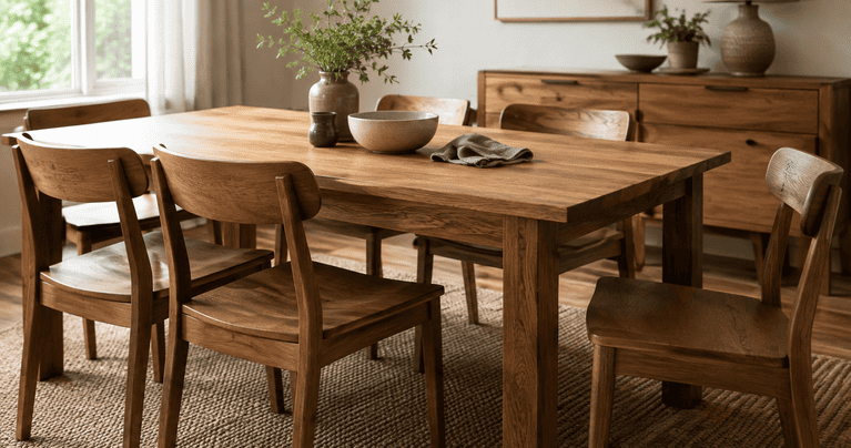 Solid wood dining table and matching chairs in a naturally lit, lived-in dining room.
