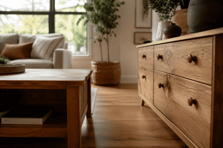 Sunlit living room with a natural wood coffee table and matching dresser, showing visible wood grain in a warm, lived-in setting.