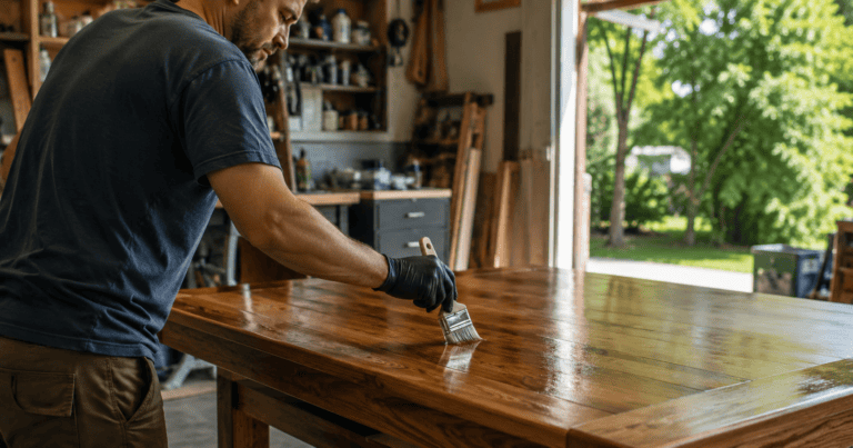 A gloved man applies a glossy finish to a wooden table in a naturally lit, well-ventilated workshop.