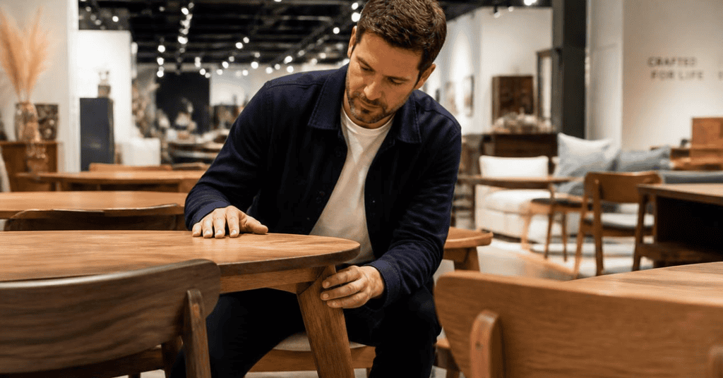 Shopper examining the construction of a wooden dining table in a furniture showroom.