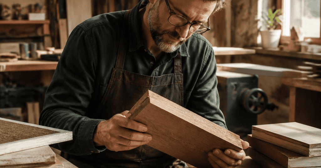Craftsperson inspecting an unfinished solid wood board beside engineered wood samples.