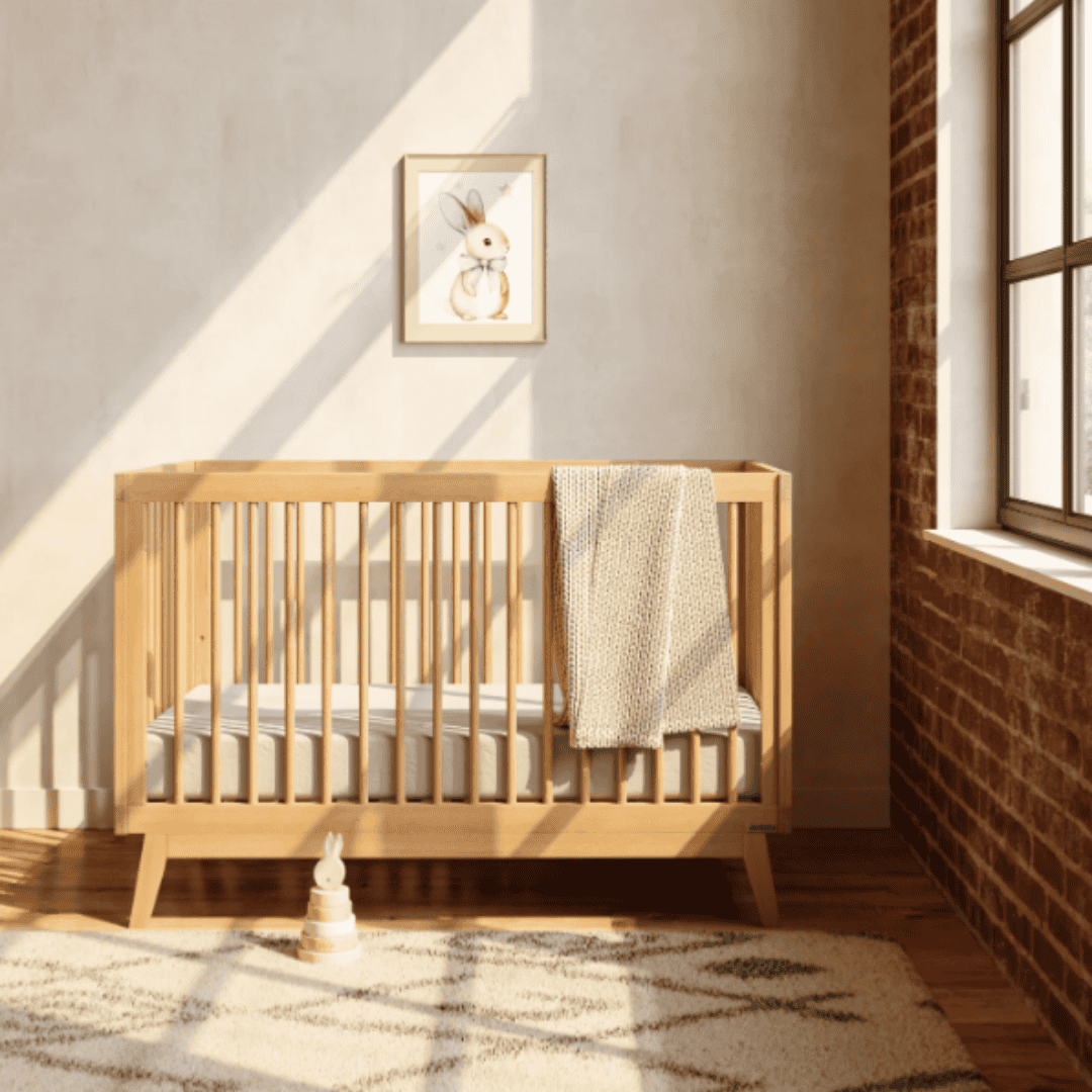 Natural wood dadada crib in a sunlit nursery with exposed brick and neutral décor.
