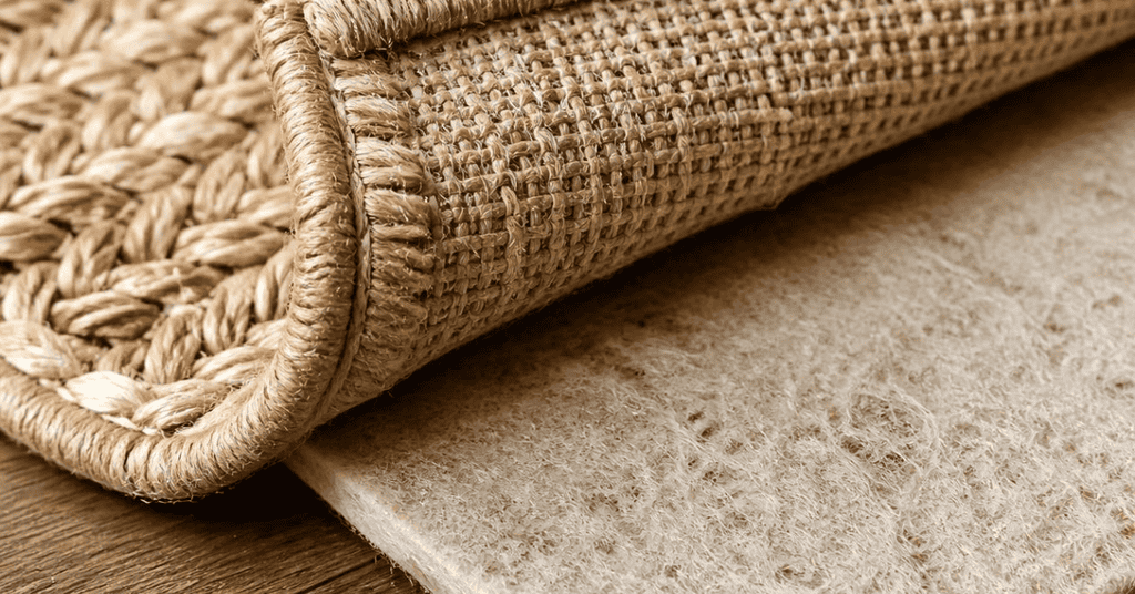 Close-up of a woven natural-fiber rug lifted to reveal its backing and felt rug pad.