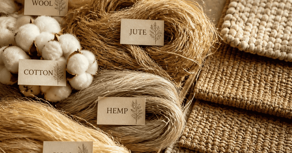 Labeled wool, cotton, jute, and hemp fibers beside neutral woven rug samples.