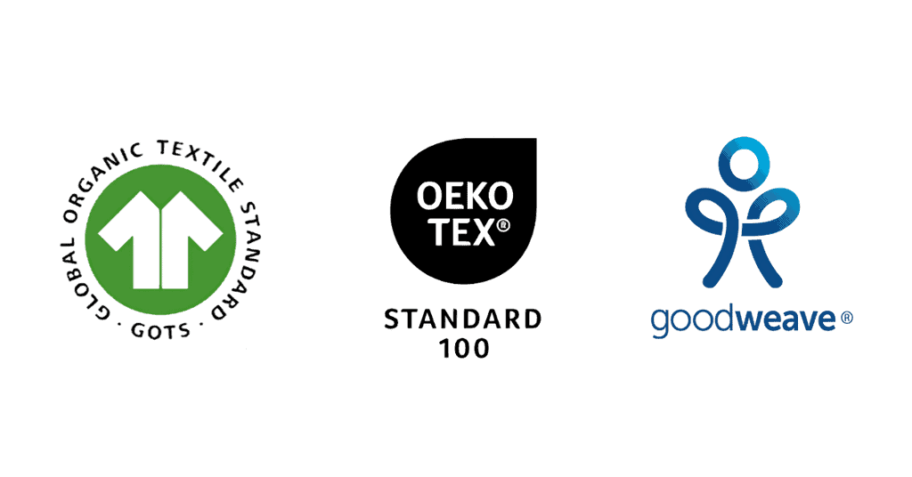 GOTS, OEKO-TEX Standard 100, and GoodWeave certification logos on a white background.