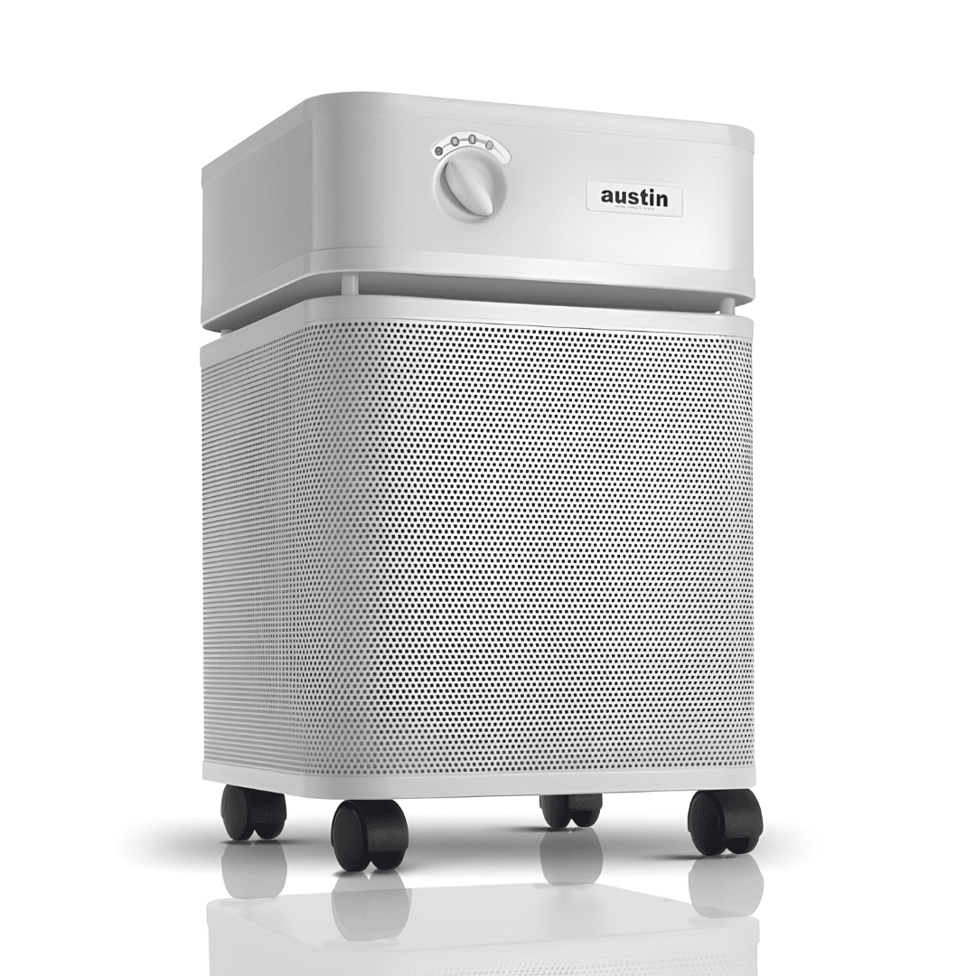 White Austin Air purifier with a perforated housing and wheels