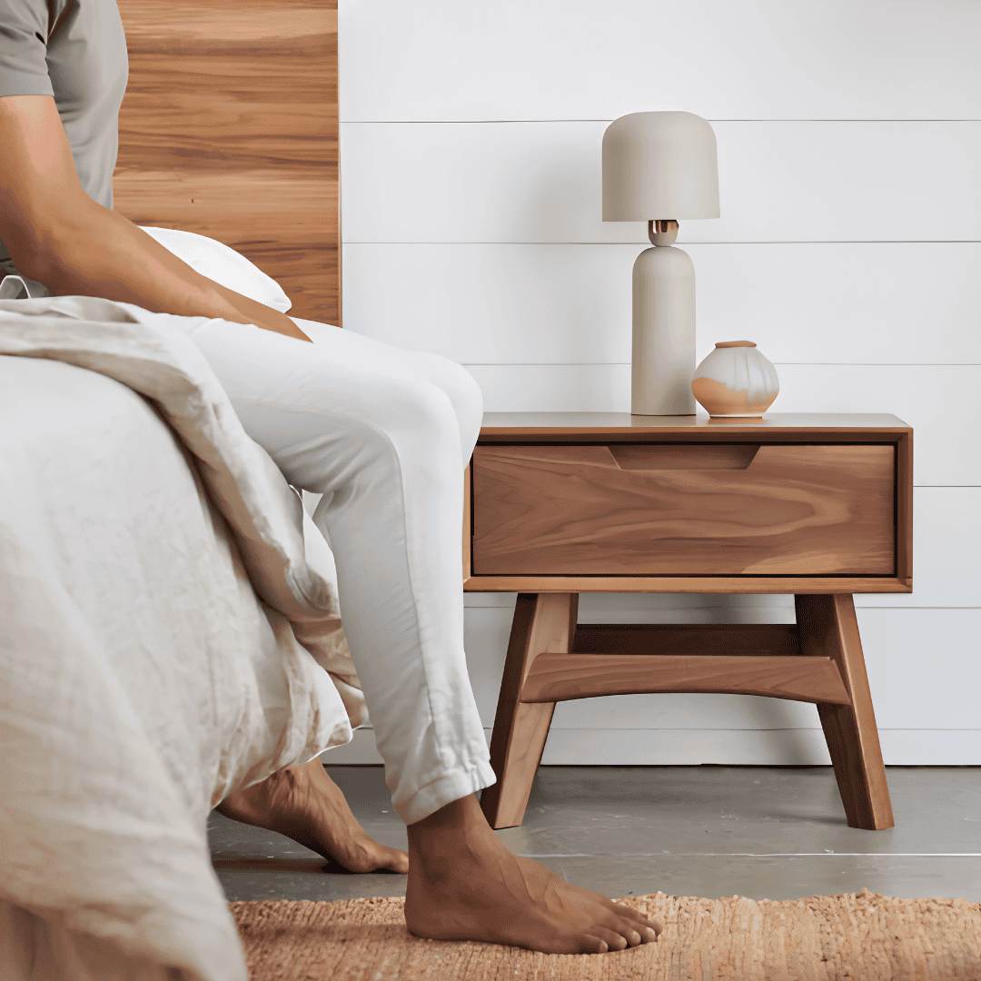 Walnut nightstand beside a bed with a person sitting nearby.