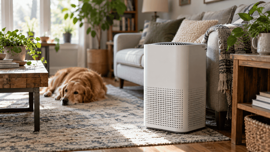 White air purifier beside a sofa in a sunlit living room, with a golden retriever resting on the rug nearby.