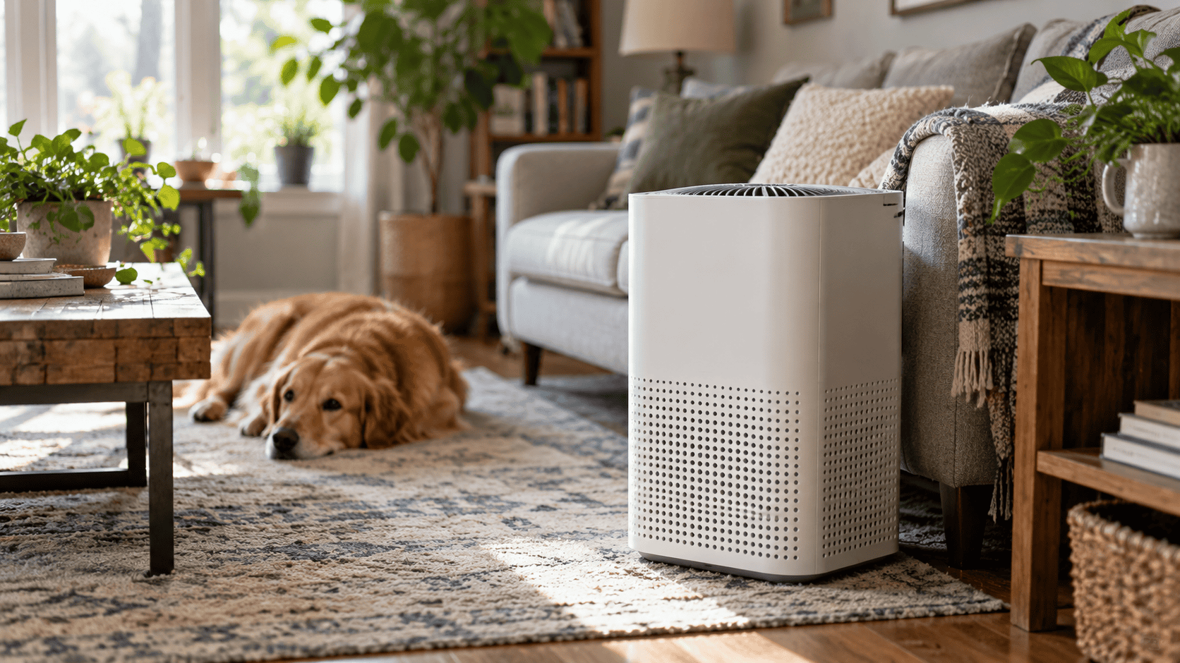 White air purifier beside a sofa in a sunlit living room, with a golden retriever resting on the rug nearby.