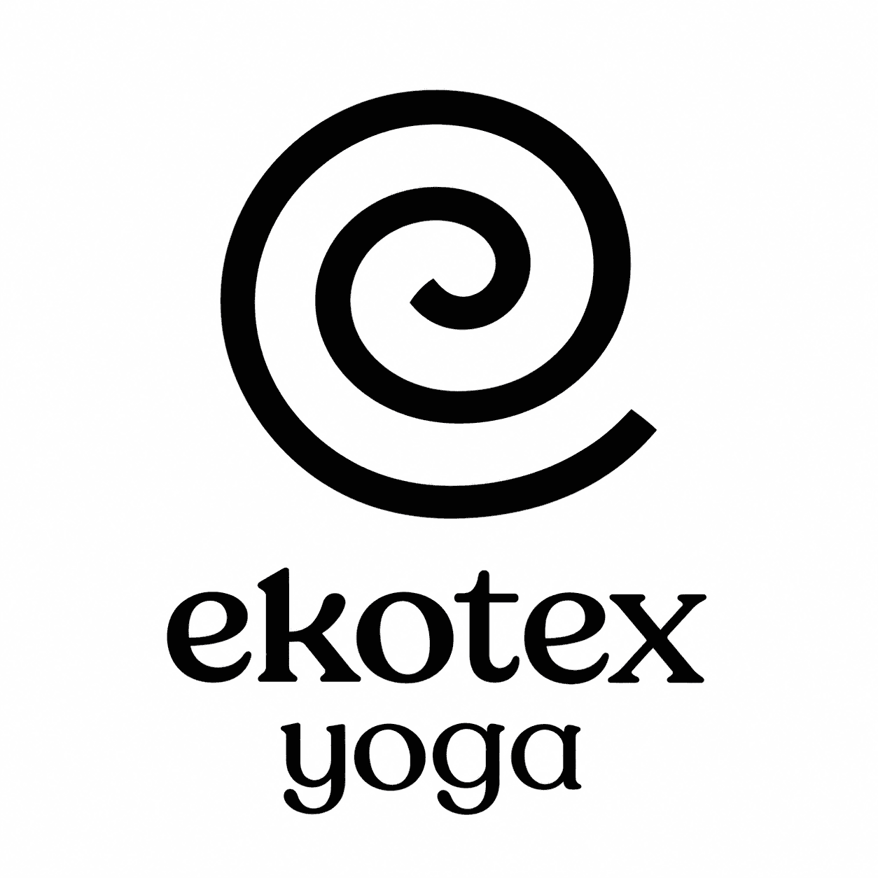 Ekotex Yoga spiral logo in black on a white background.