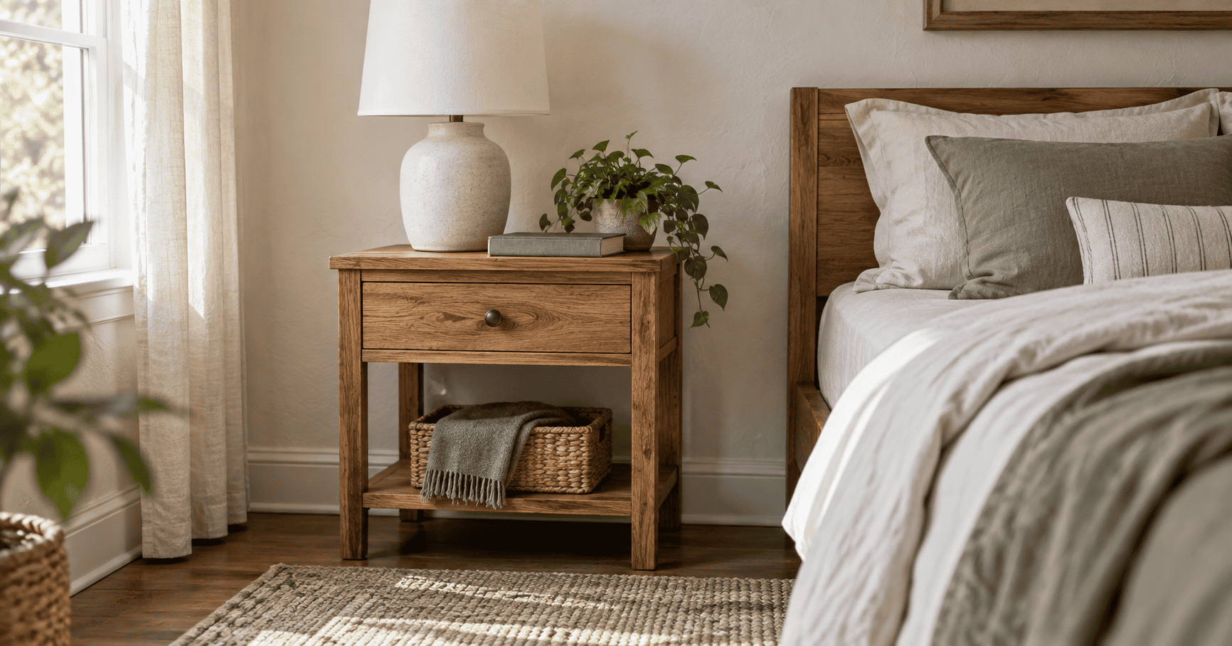 Solid wood nightstand beside a neatly made bed in a naturally lit bedroom.