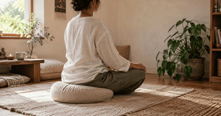 Woman sitting cross-legged on a natural meditation cushion in a warm, sunlit home meditation space.