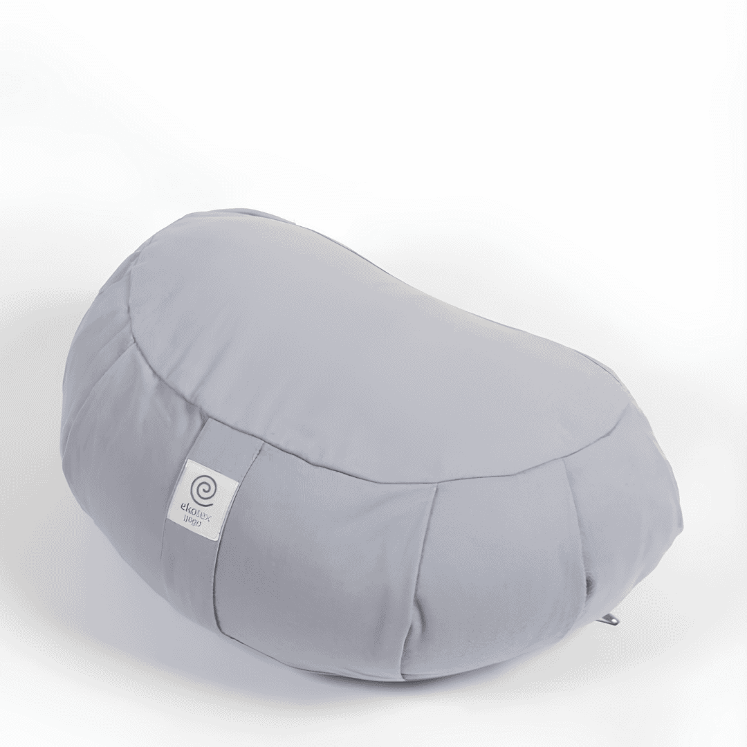 Light gray crescent-shaped Ekotex Yoga meditation cushion on a white background.