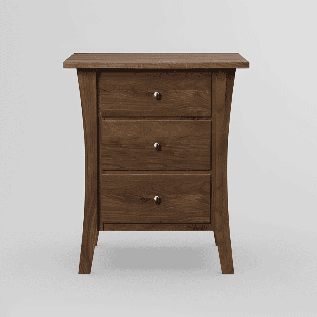 Solid dark wood nightstand with three drawers.