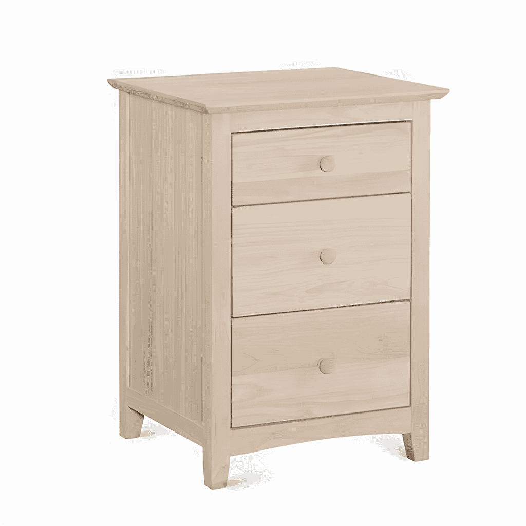 Unfinished light wood nightstand with three drawers.