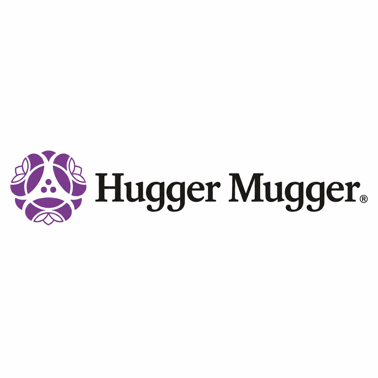 Hugger Mugger purple floral logo on a white background.
