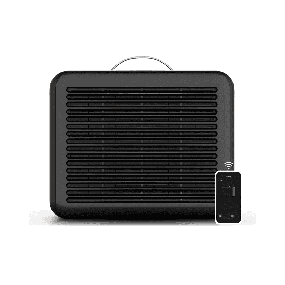 Black PuroAir purifier shown with a phone