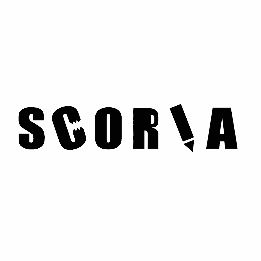 Scoria brand logo in black on a white background.