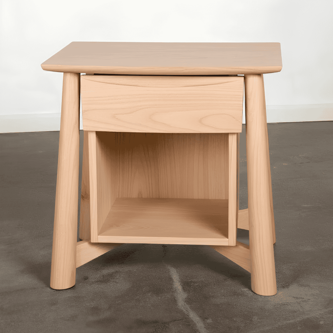 Unfinished light wood nightstand with one drawer and open storage.