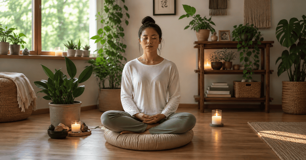 Woman sitting cross-legged on a round meditation cushion in a warm room with plants and candles.