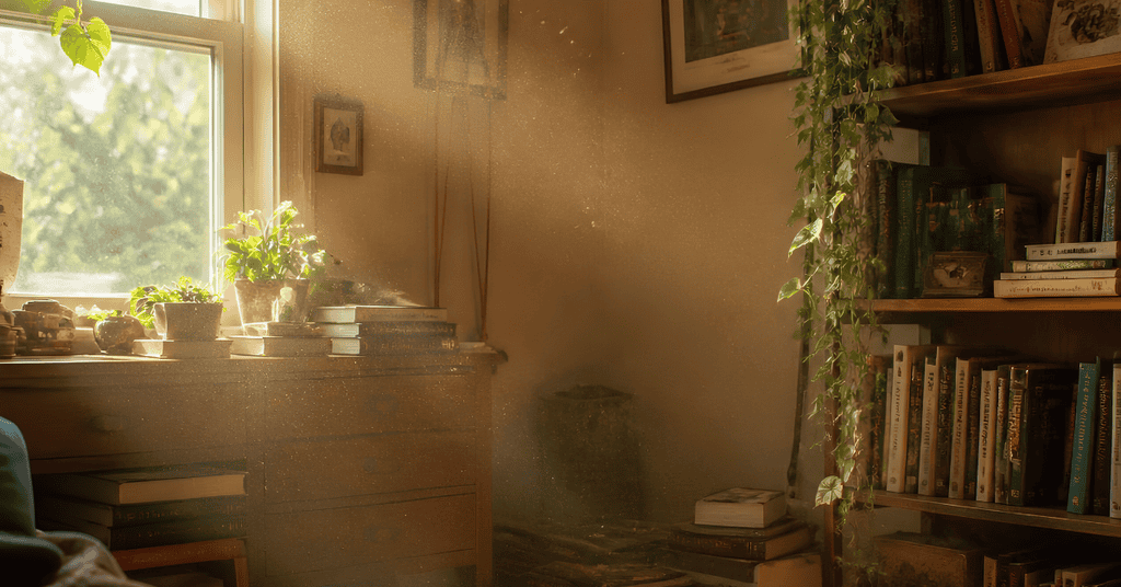 Dust visible in sunlight beside a window and bookshelf
