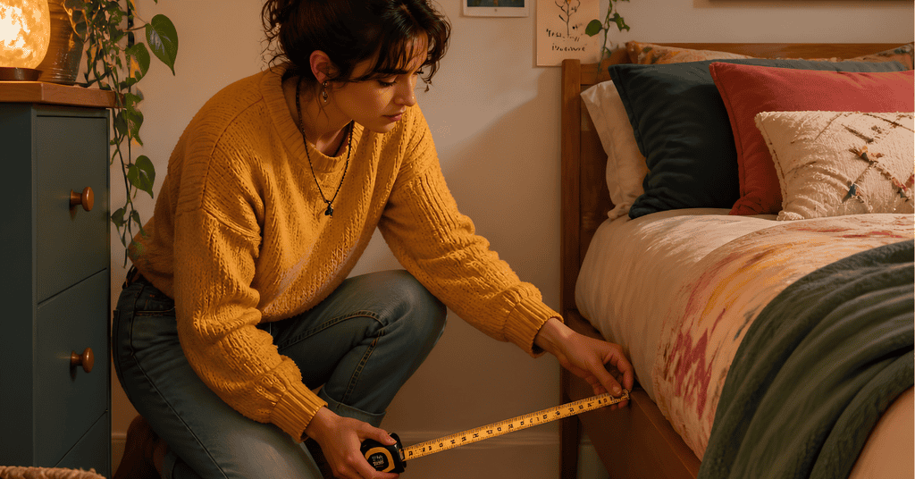 Woman measuring the space between a bed and nightstand.