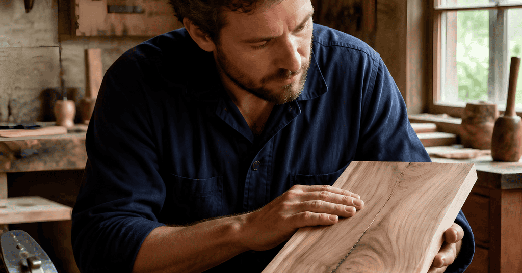 Craftsman inspecting a solid wood board in a workshop.