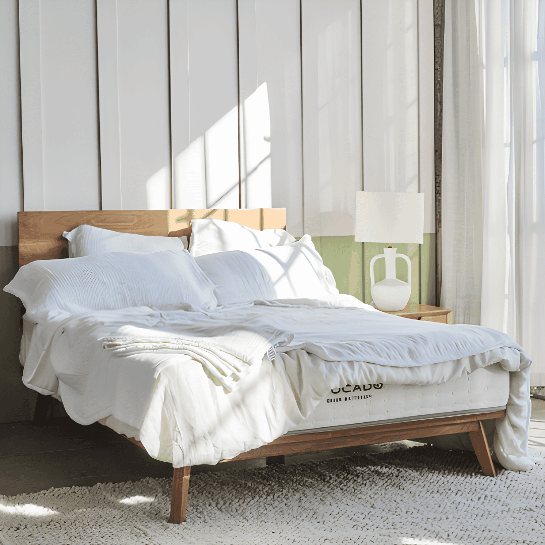 Bright, sunlit bedroom with a wooden bed frame, white bedding, and a lightweight blanket folded near the foot of the bed.