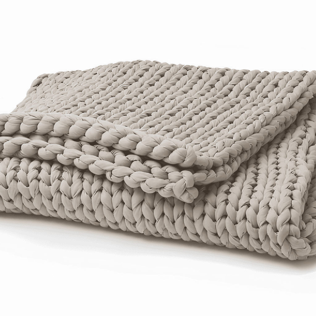 Close-up of a folded beige chunky-knit weighted blanket with thick, interwoven loops against a white background.