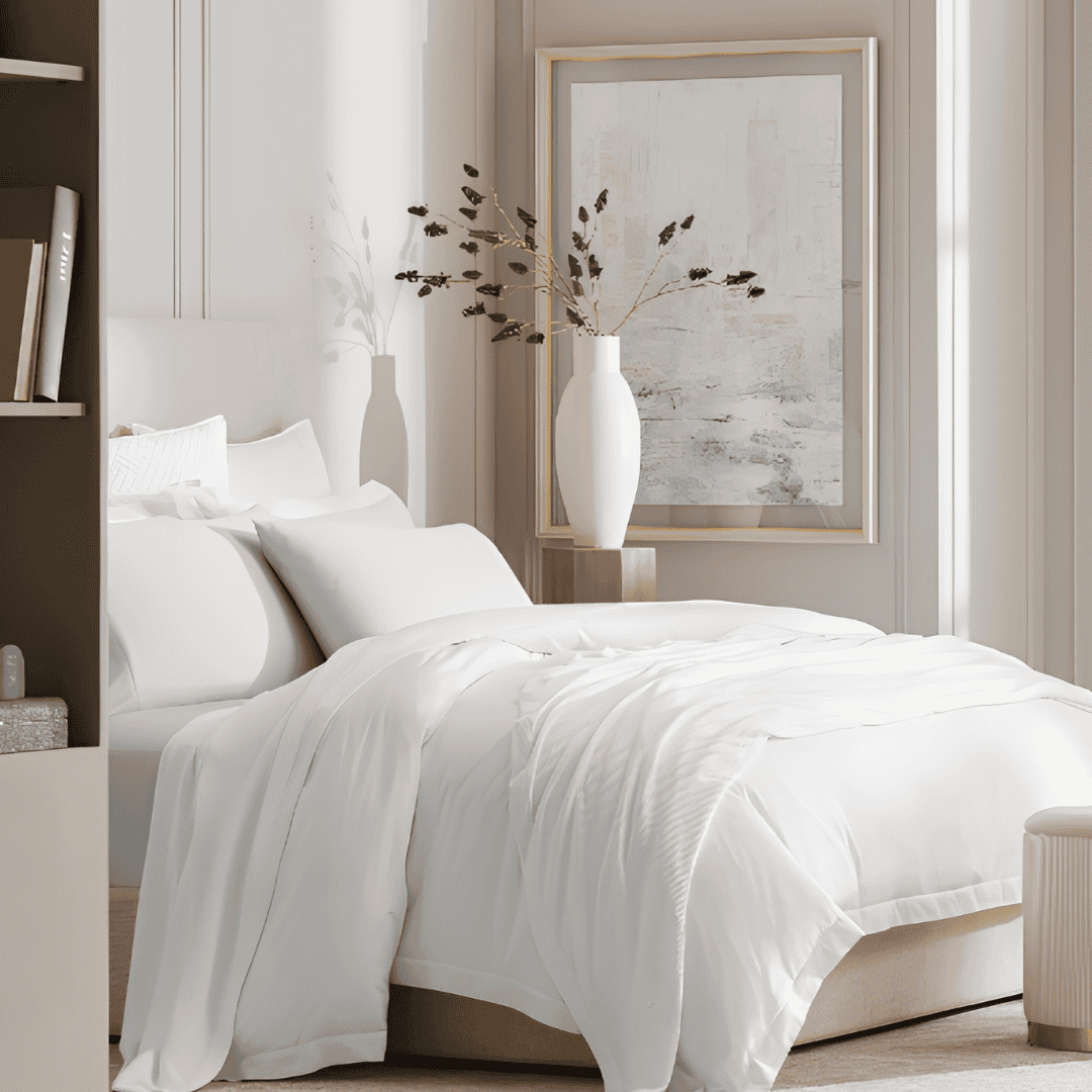 Minimalist bedroom with layered white bedding, soft pillows, and neutral decor beside a large framed artwork.