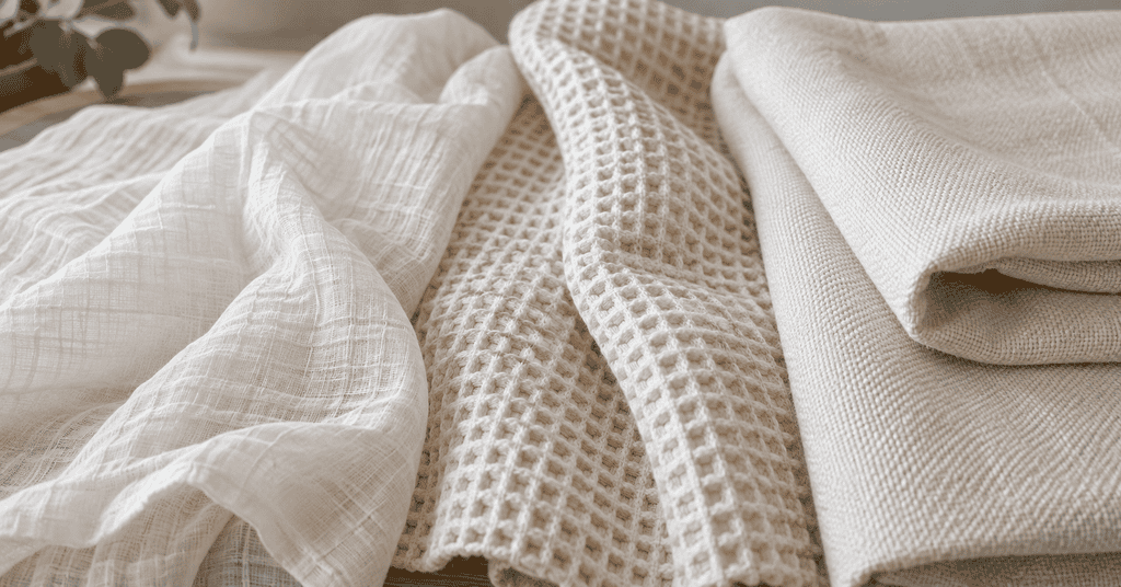 Close-up of three neutral-colored cotton fabrics showing lightweight muslin, textured waffle weave, and tightly woven blanket materials.