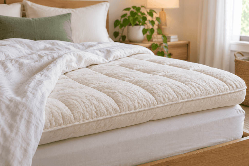 Close-up of a thick, quilted organic mattress topper on a bed with soft white bedding, sage green pillows, and natural wood furniture in a bright, cozy bedroom.