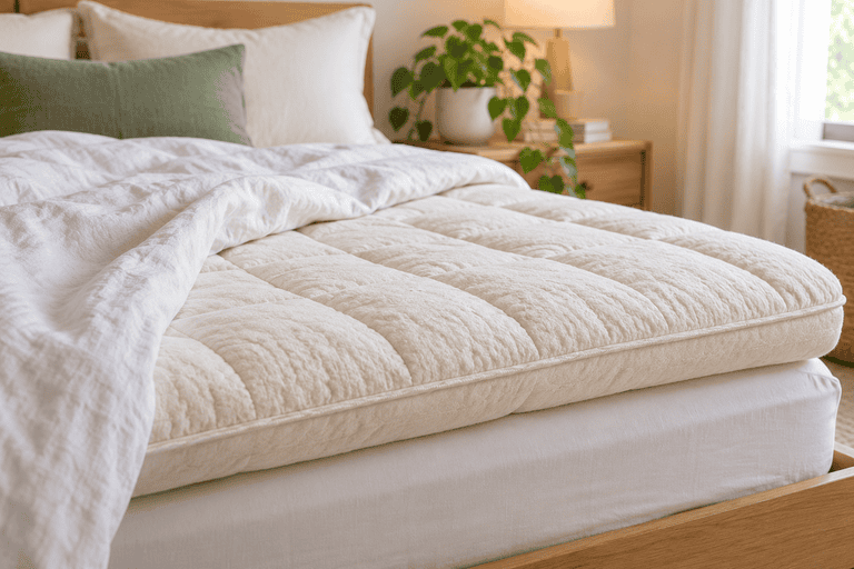 Close-up of a thick, quilted organic mattress topper on a bed with soft white bedding, sage green pillows, and natural wood furniture in a bright, cozy bedroom.