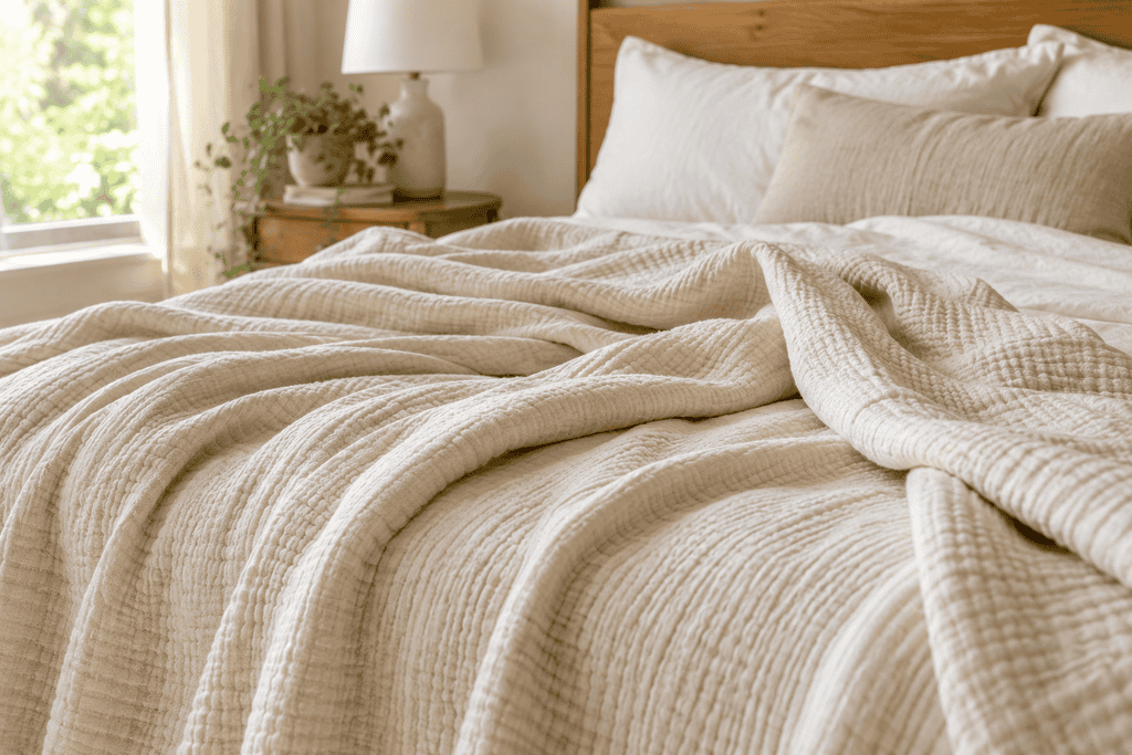 Soft, textured organic cotton blanket draped across a cozy bed with neutral pillows, a wooden headboard, and natural sunlight streaming through a bedroom window.