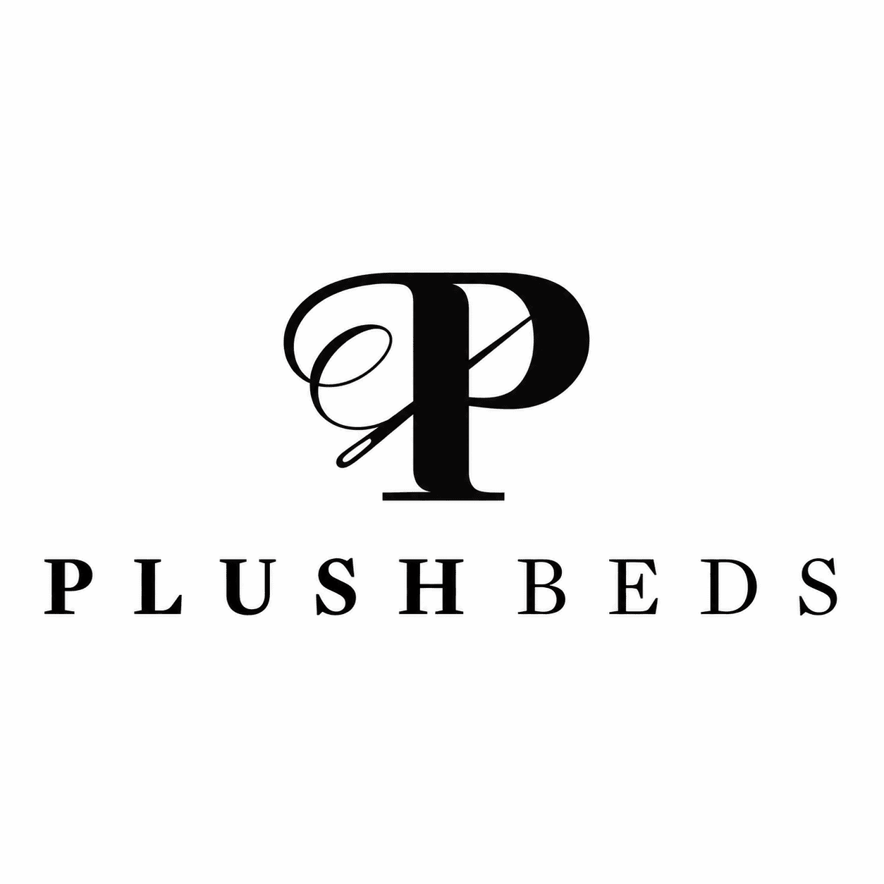 Black PlushBeds logo featuring a stylized overlapping letter emblem above the brand name on a white background.
