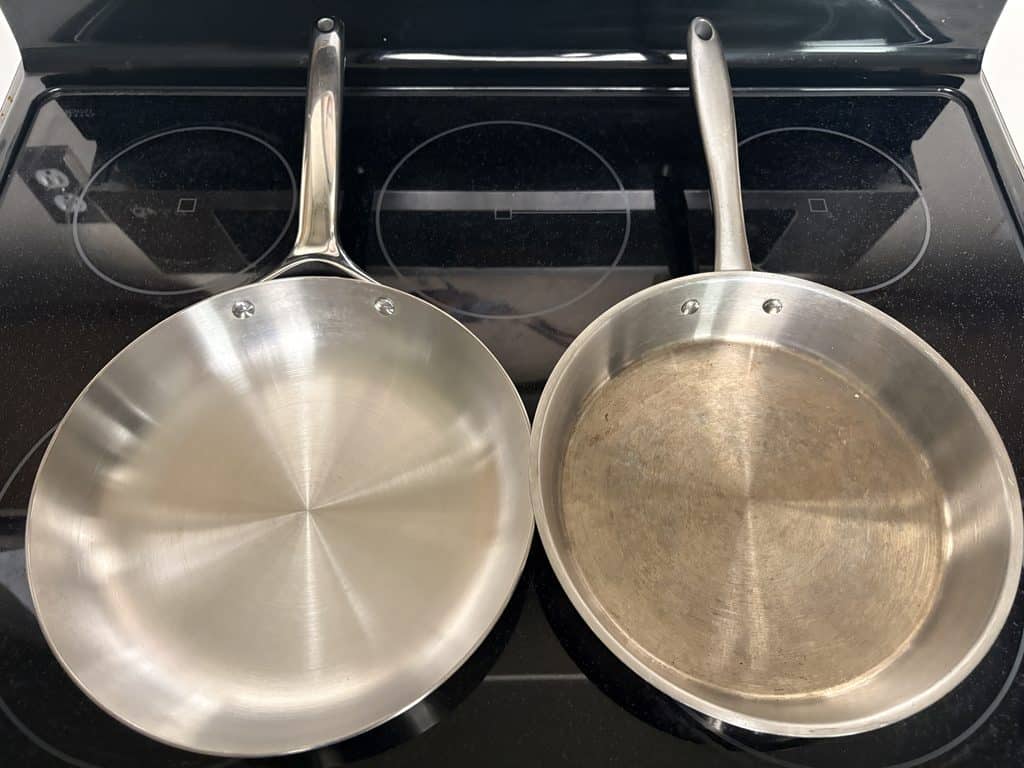Caraway stainless steel frying pan on the left and an older La Sera pan with brown discoloration on the right