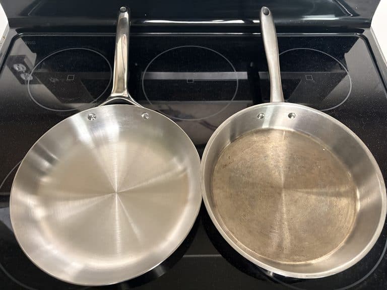 Caraway stainless steel frying pan on the left and an older La Sera pan with brown discoloration on the right