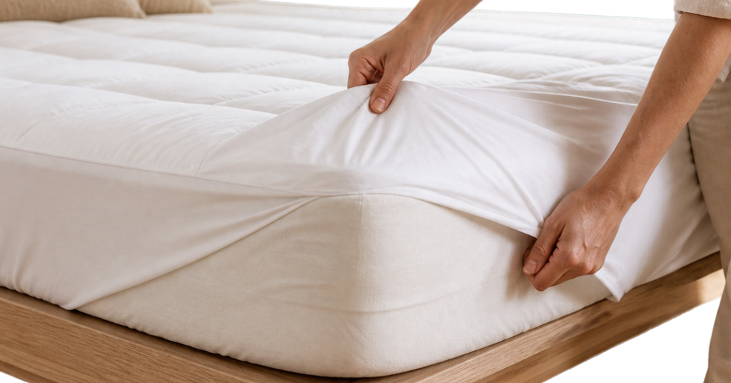 Close-up of a person pulling a white fitted mattress protector over the corner of a quilted mattress topper on a wooden bed frame.