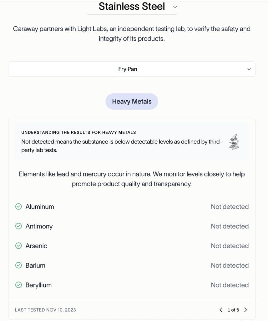 Caraway’s stainless steel fry pan testing page showing Light Labs testing information and an explanation of heavy metal results