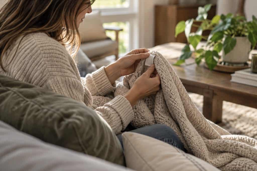 hands checking the washing instructions on a fabric care label attached to a cream and gray woven blanket.
