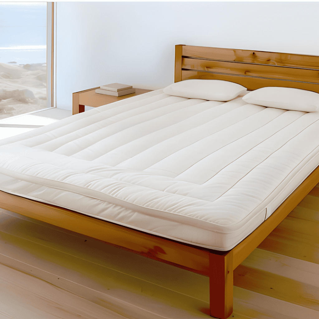Thick white quilted mattress topper on a wooden bed frame beside a bright window with sheer curtains and decorative glass bottles.